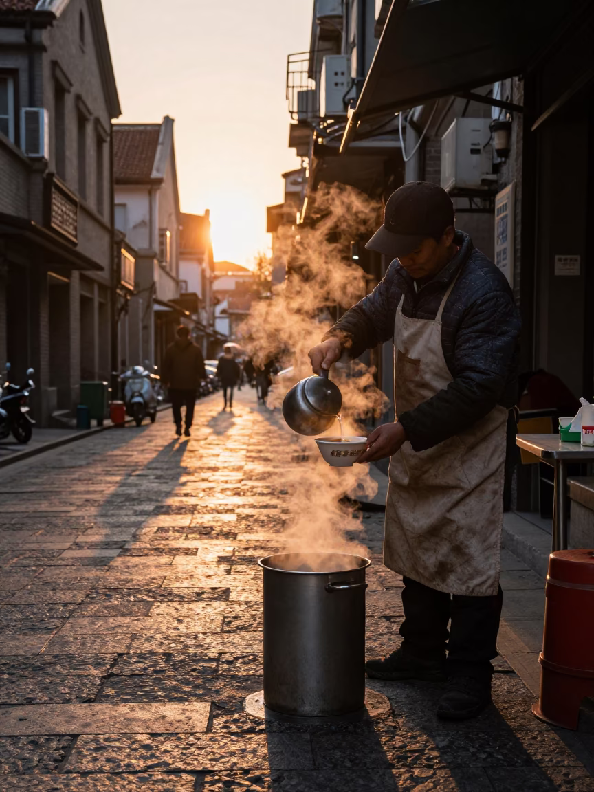 Sunset Light on Steaming Soup in Shanghai in in Shanghai, China