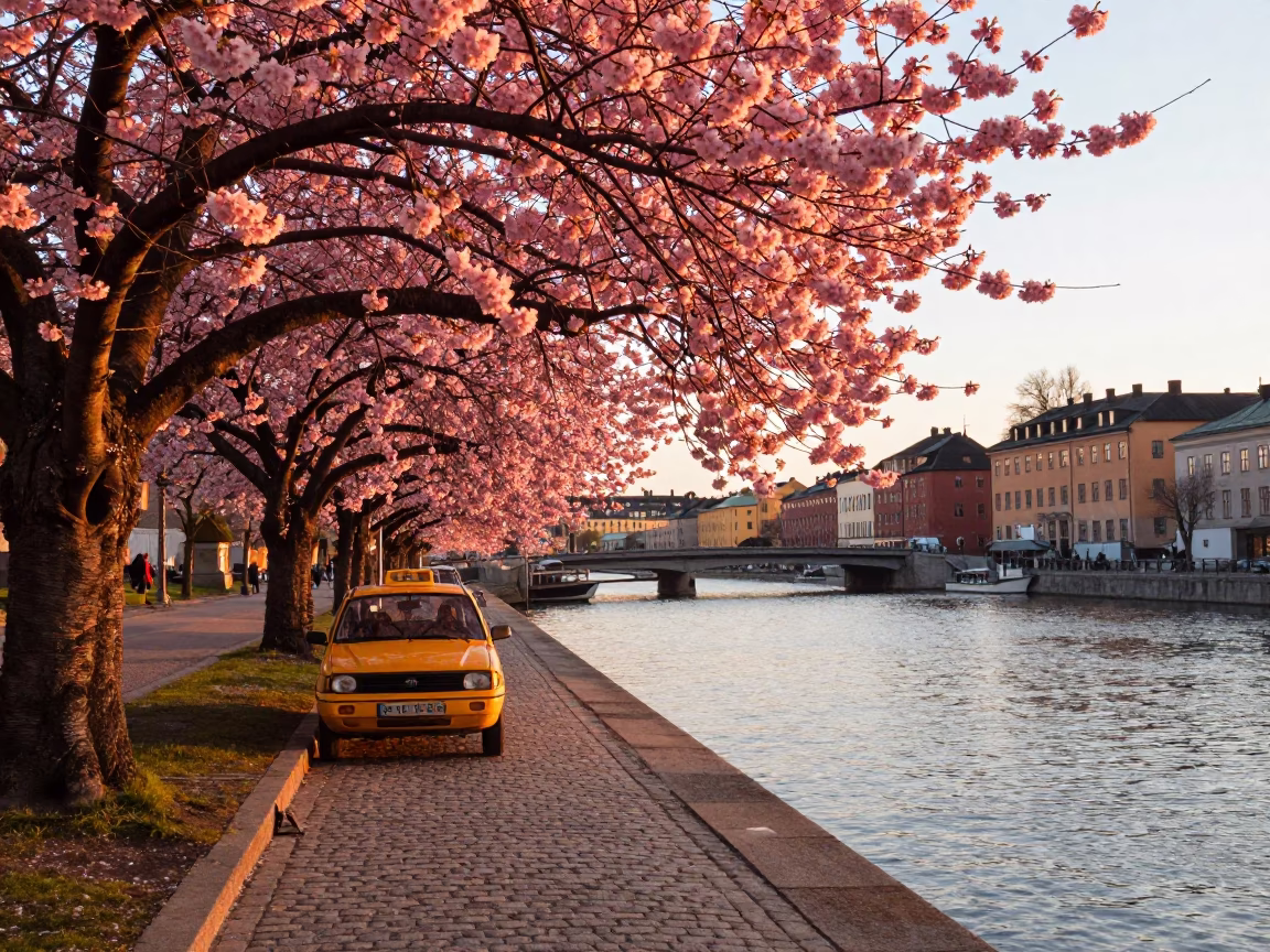 Sunset Light on Stockholm Canal Cherry Blossoms and Vintage Yellow Taxi in in Stockholm, Sweden