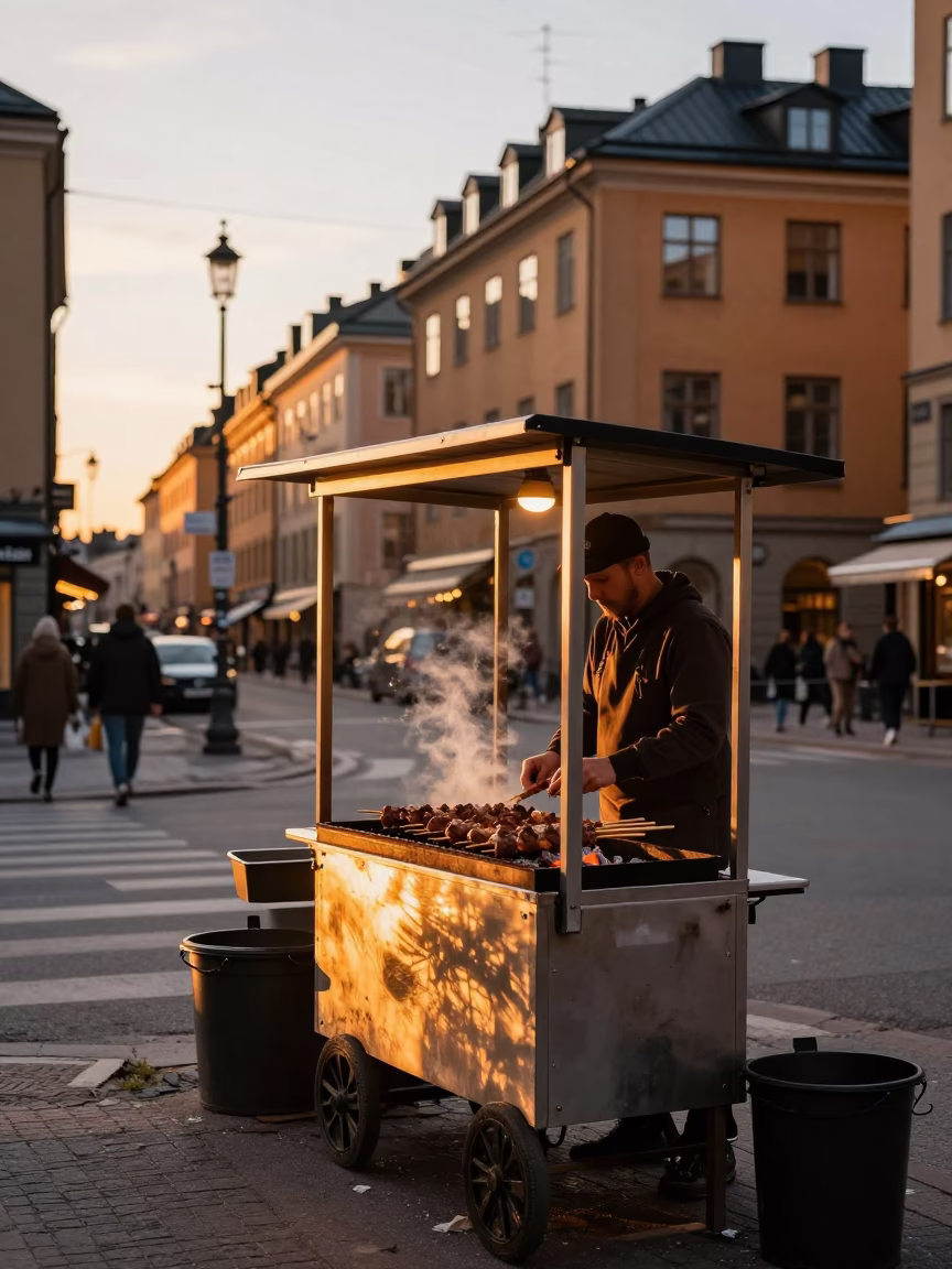 Sunset Light on Stockholm Street with Kebab Grill and Urban Construction Activity in in Stockholm, Sweden