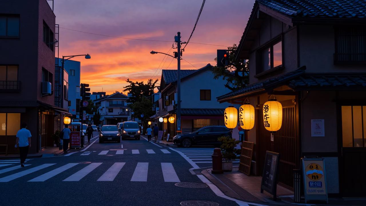 Sunset Light on Street Corner in Tokyo in in Tokyo, Japan