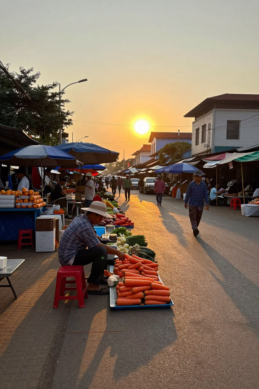 Sunset Light on Street Market in Phnom Penh in in Phnom Penh, Cambodia