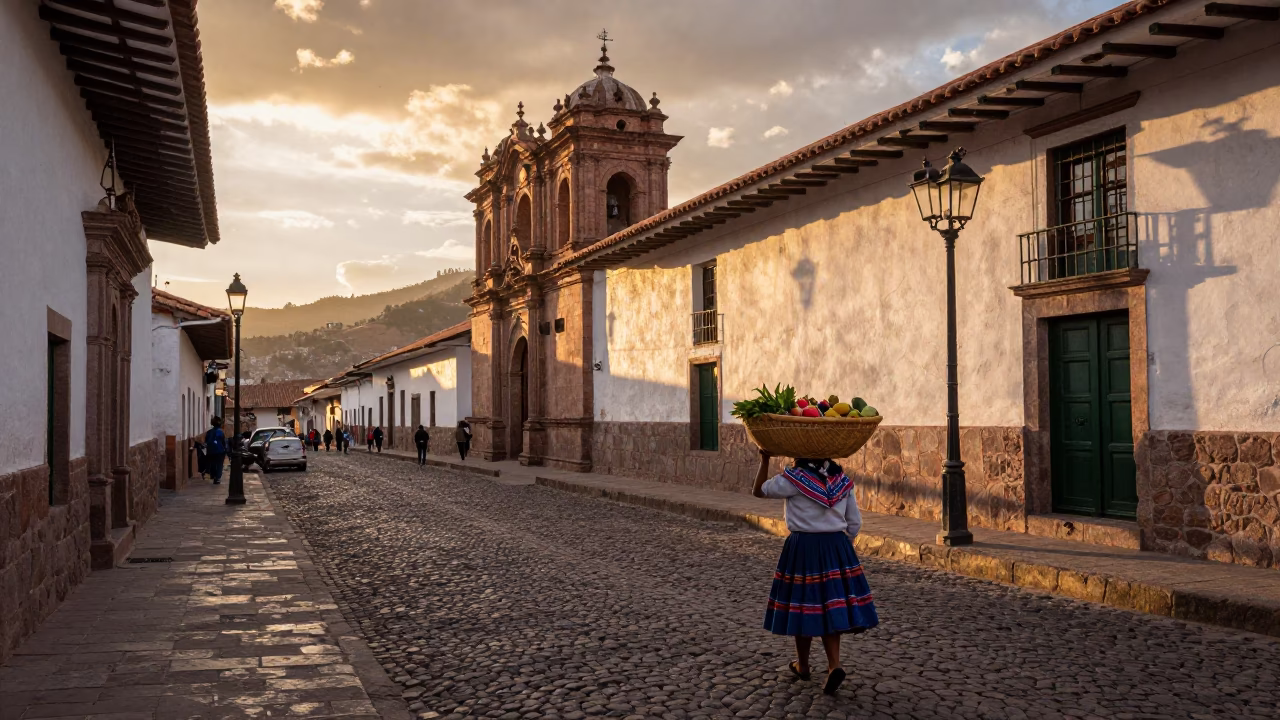 Sunset Light on Street Scene in Cusco in in Cusco, Peru