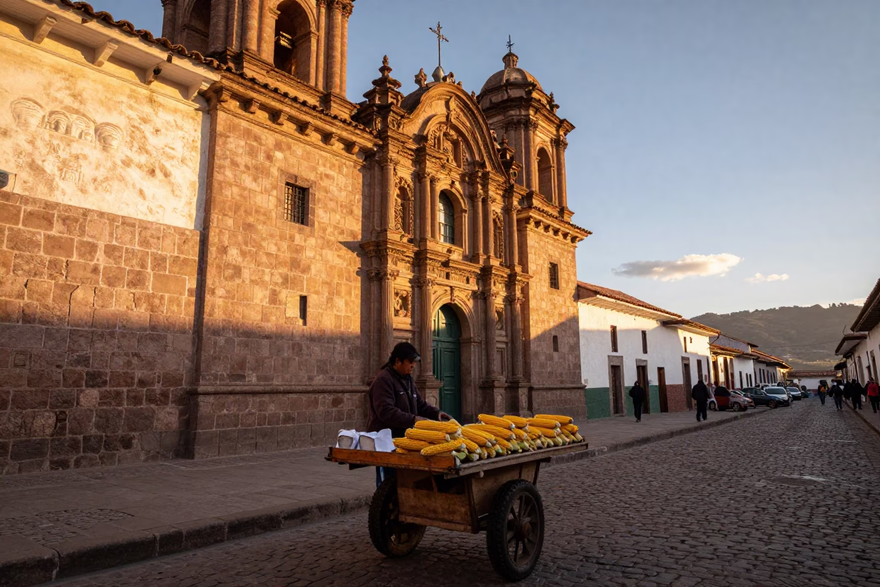 Sunset Light on Street Scene in Cusco in in Cusco, Peru