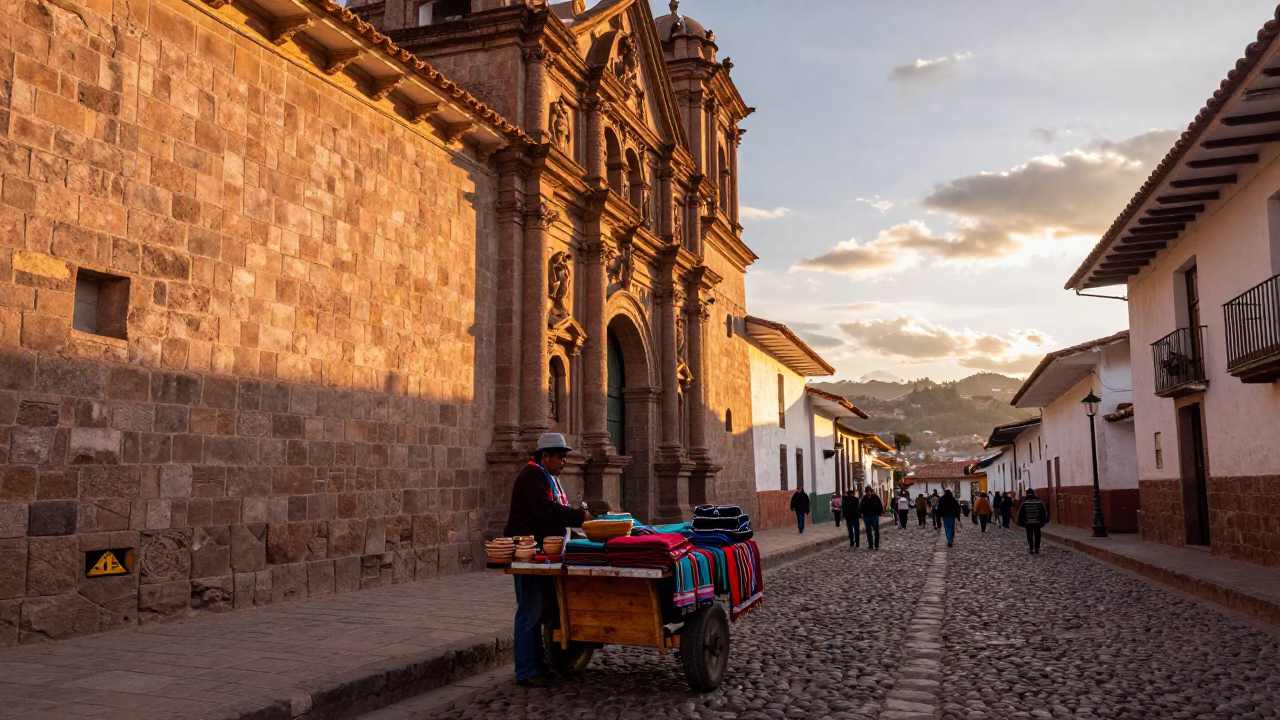 Sunset Light on Street Scene in Cusco in in Cusco, Peru