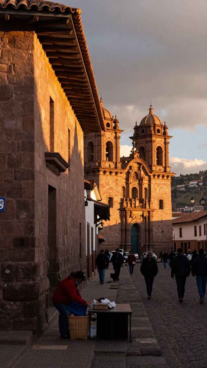 Sunset Light on Street Scene in Cusco in in Cusco, Peru
