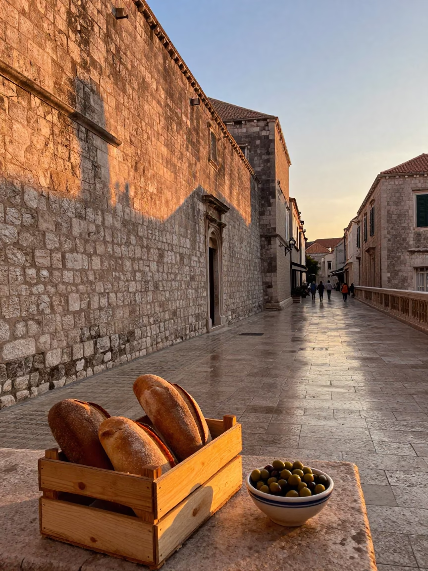 Sunset Light on Street Scene in Dubrovnik in in Dubrovnik, Croatia
