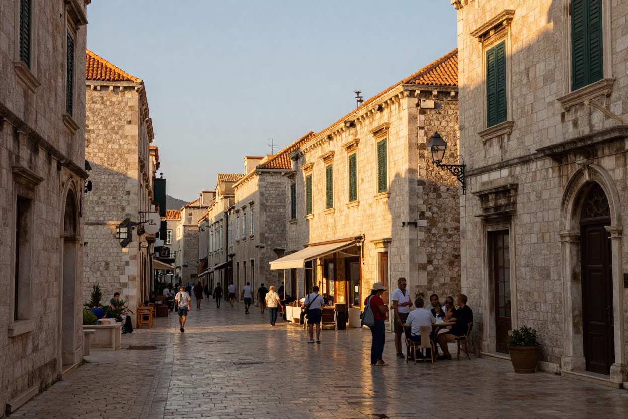 Sunset Light on Street Scene in Dubrovnik in in Dubrovnik, Croatia