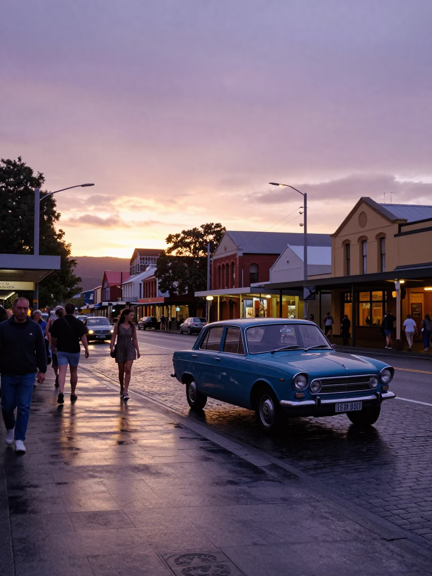Sunset Light on Street Scene in Hobart in in Hobart, Tasmania, Australia