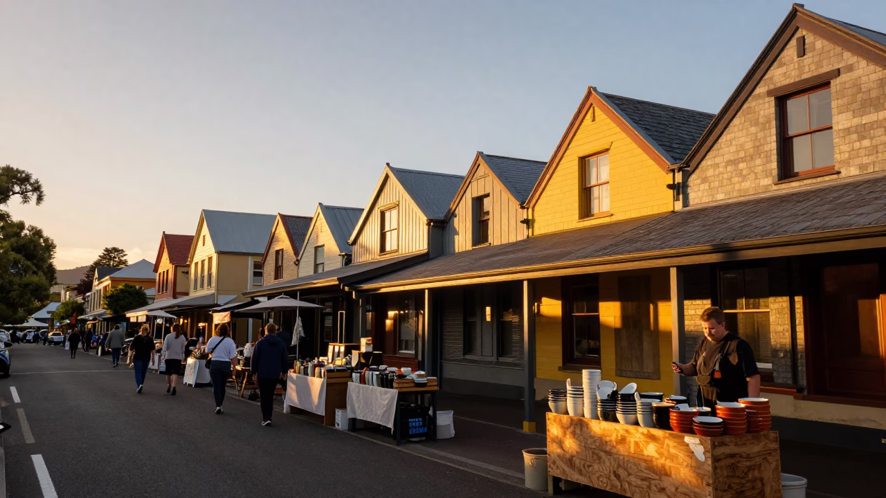 Sunset Light on Street Scene in Hobart in in Hobart, Tasmania, Australia