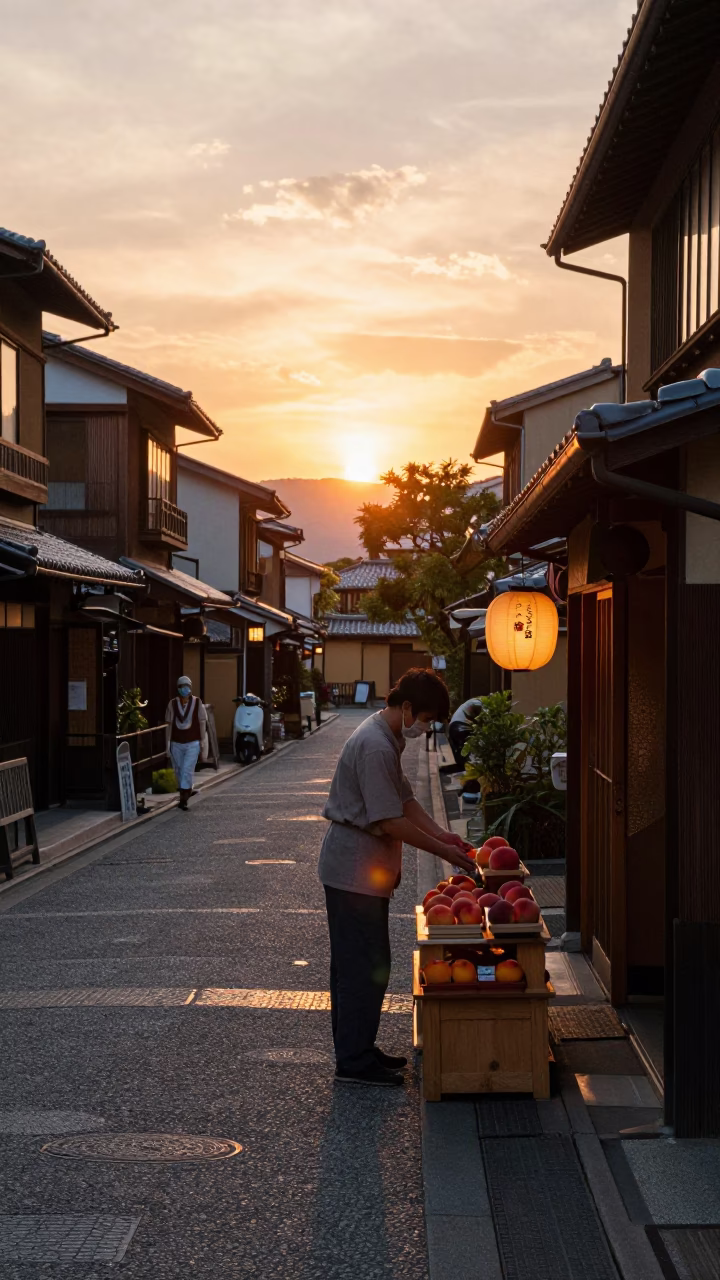 Sunset Light on Street Scene in Kyoto in in Kyoto, Japan