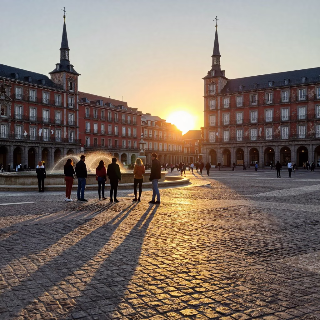 Sunset Light on Street Scene in Madrid in in Madrid, Spain