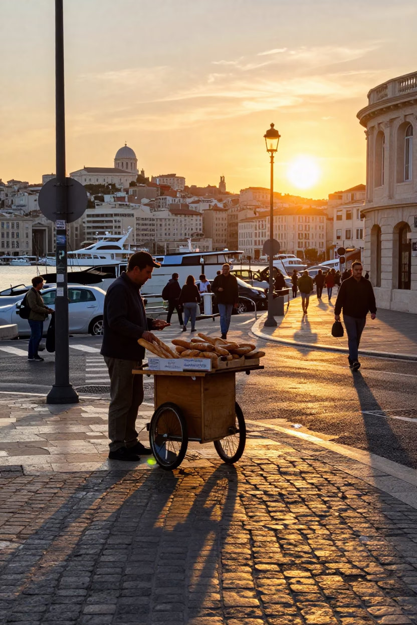 Sunset Light on Street Scene in Marseille in in Marseille, France