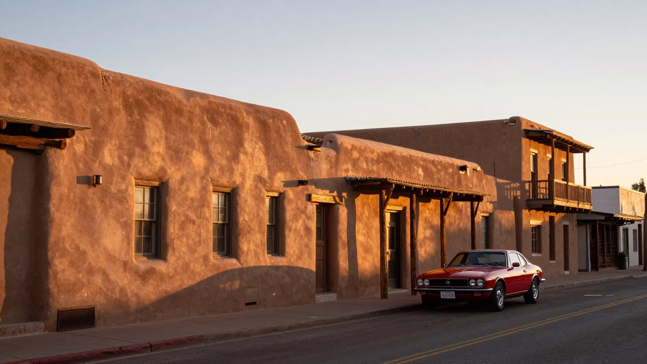 Sunset Light on Street Scene in Santa Fe in in Santa Fe, New Mexico, United States