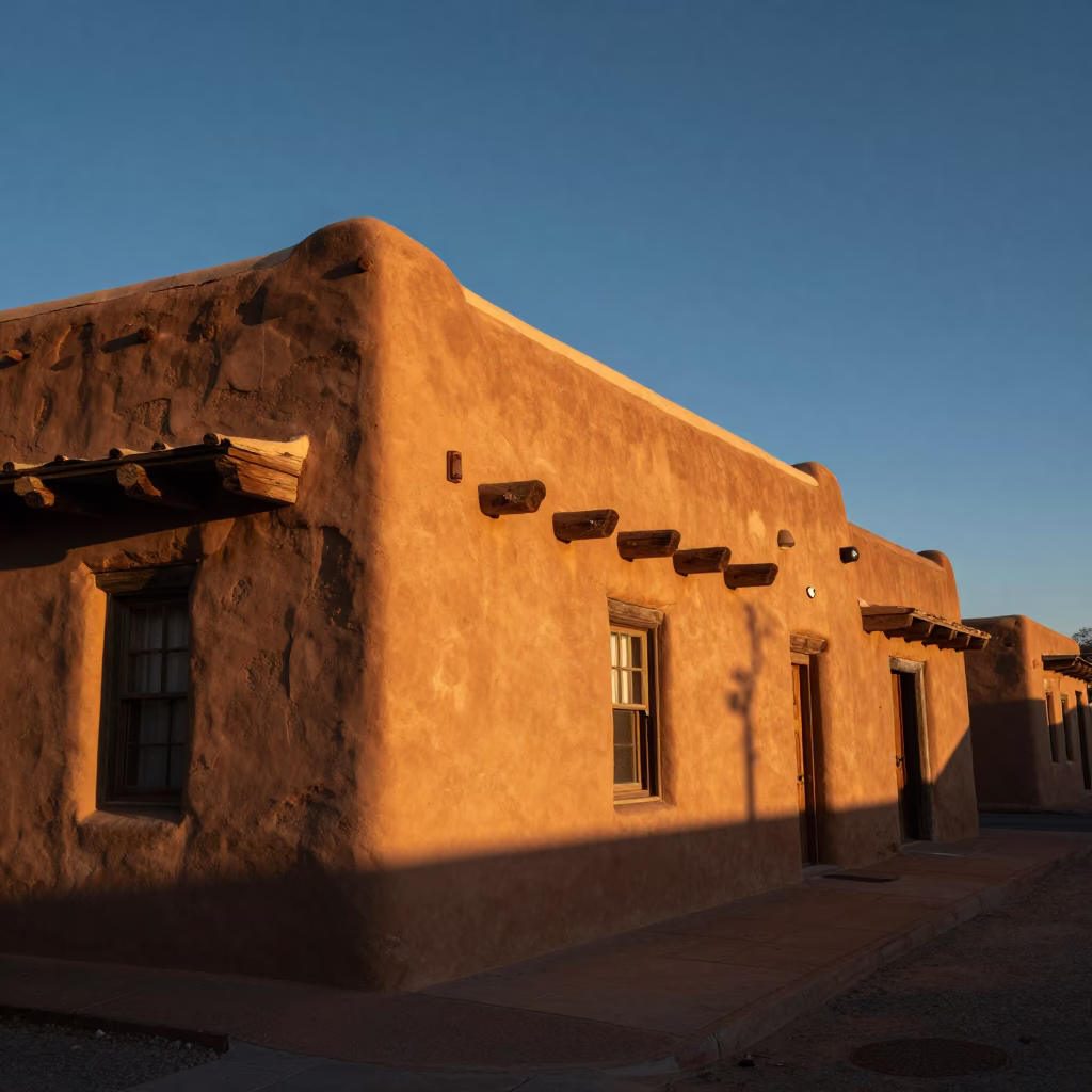Sunset Light on Street Scene in Santa Fe in in Santa Fe, New Mexico, United States