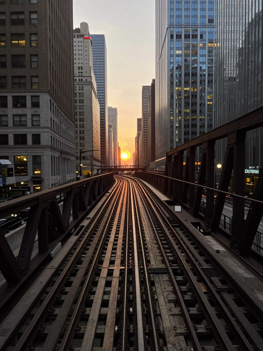 Sunset Light on Street Viaduct in Chicago in in Chicago, Illinois, United States
