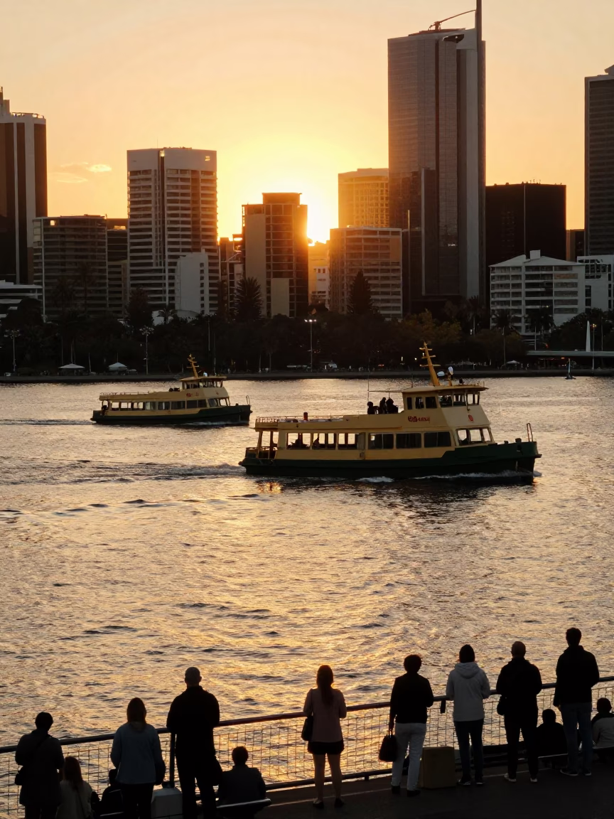 Sunset light on Swan River ferries and Perth city skyline from Kings Park in in Perth, Western Australia, Australia