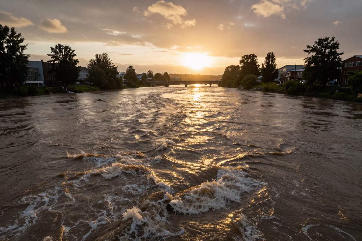 Sunset Light on Swollen River in Portland in in Portland, Oregon, United States