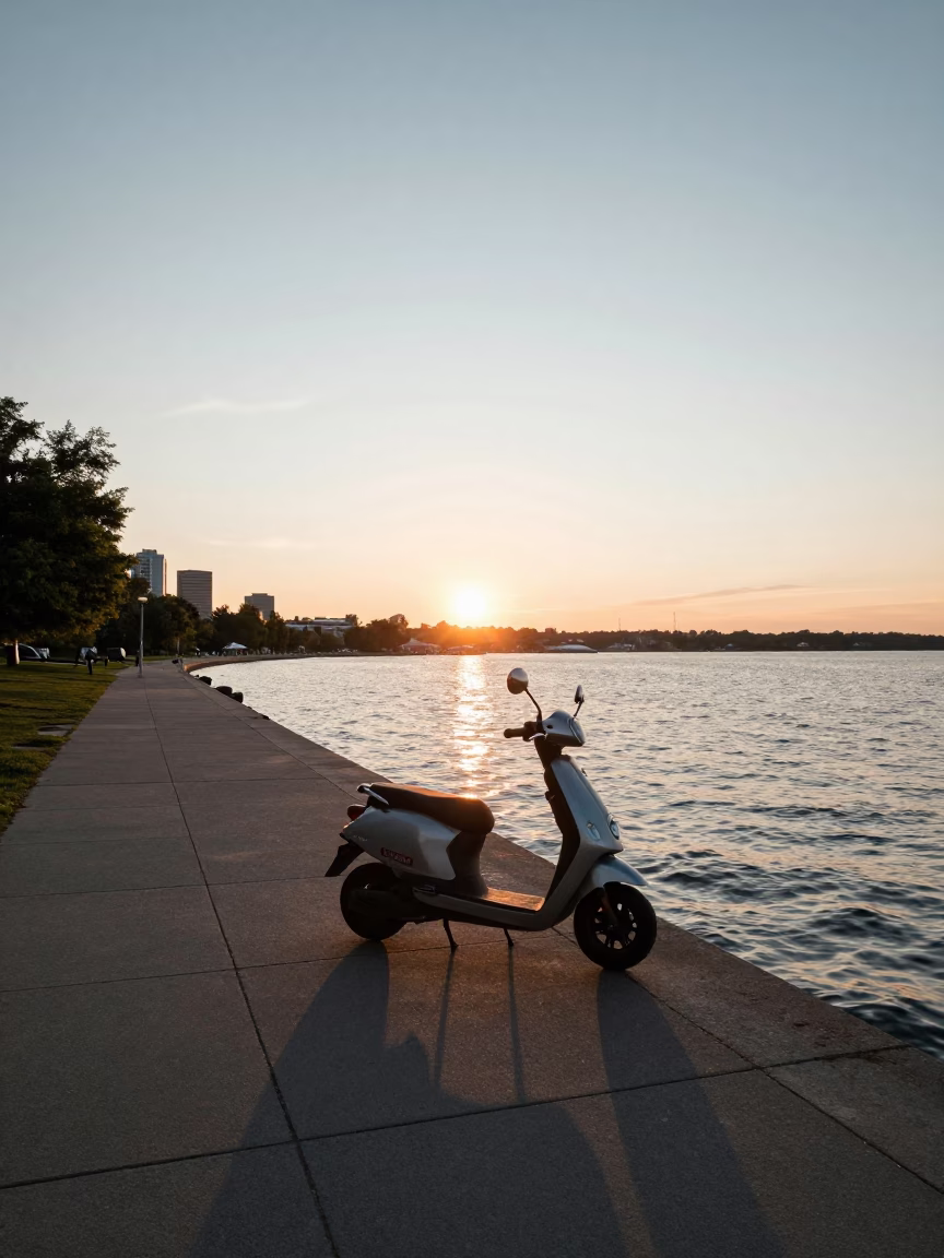 Sunset Light on Toronto Harbour Promenade with Parked Scooter and Dogwood Trees in in Toronto, Ontario, Canada