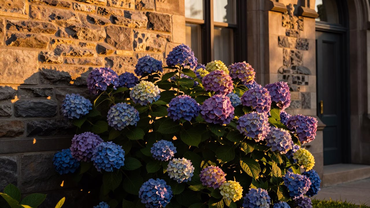 Sunset Light on Toronto Hydrangea Bush Near Historic Stone Architecture in in Toronto, Ontario, Canada