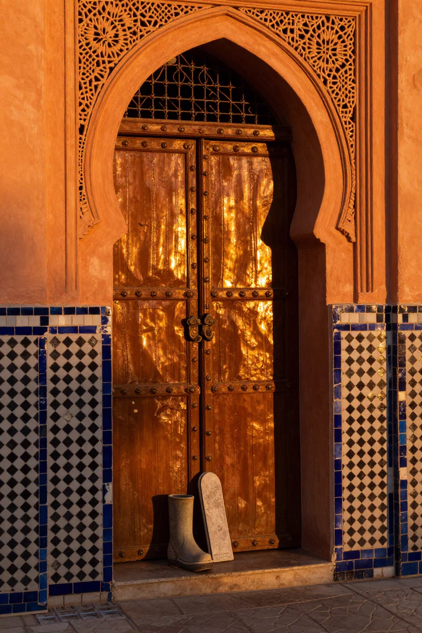 Sunset light on traditional Fez doorway with boot scraper and dust motes in Morocco in in Fez, Morocco