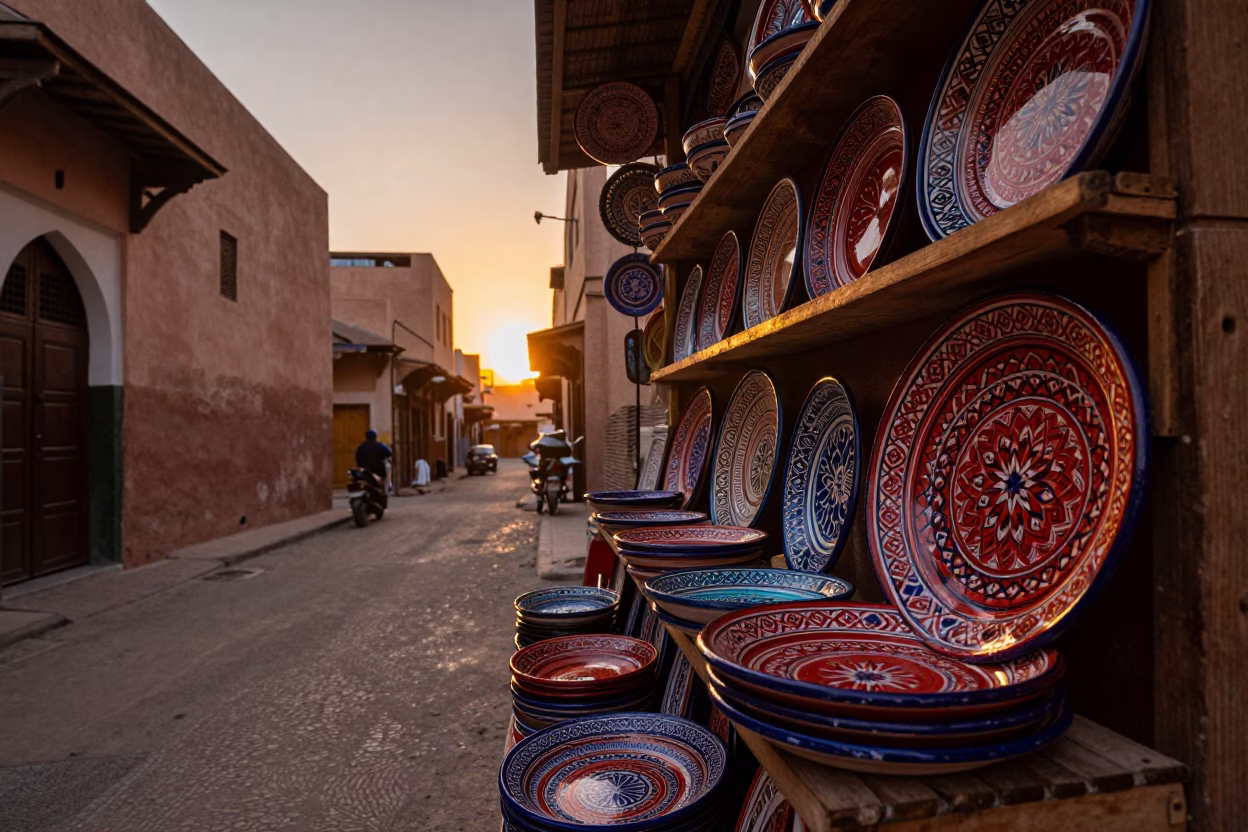 Sunset light on traditional red majolica plate in Marrakech Morocco souk in in Marrakech, Morocco