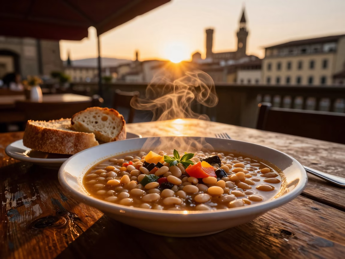 Sunset Light on Traditional Tuscan Ribollita and Bread in Florence Italy in in Florence, Italy