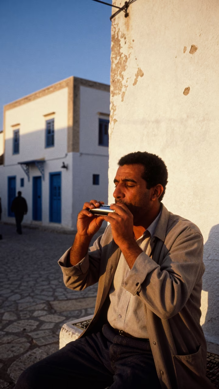 Sunset Light on Tunisian Man Playing Harmonica in in Tunis, Tunisia