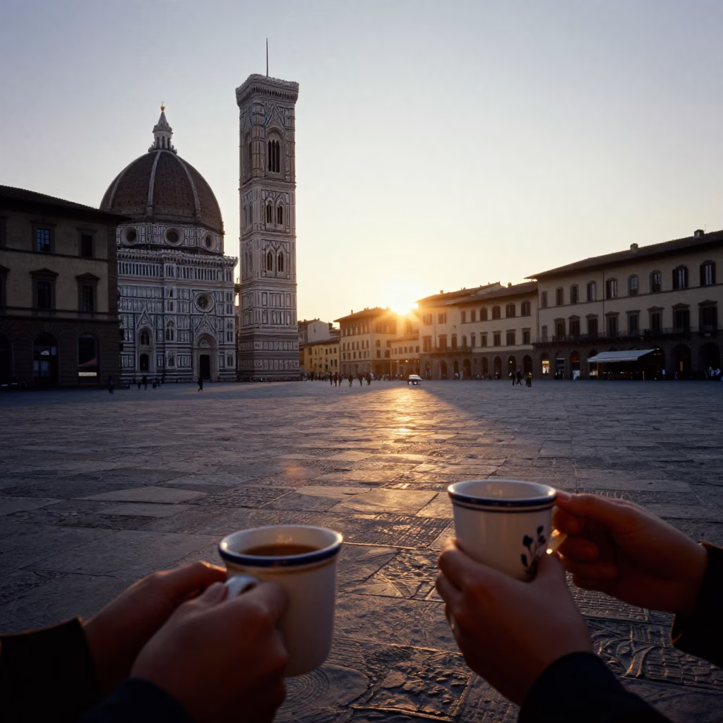 Sunset light on Tuscan ceramic mugs and tea towel in Florence Italy street scene in in Florence, Italy