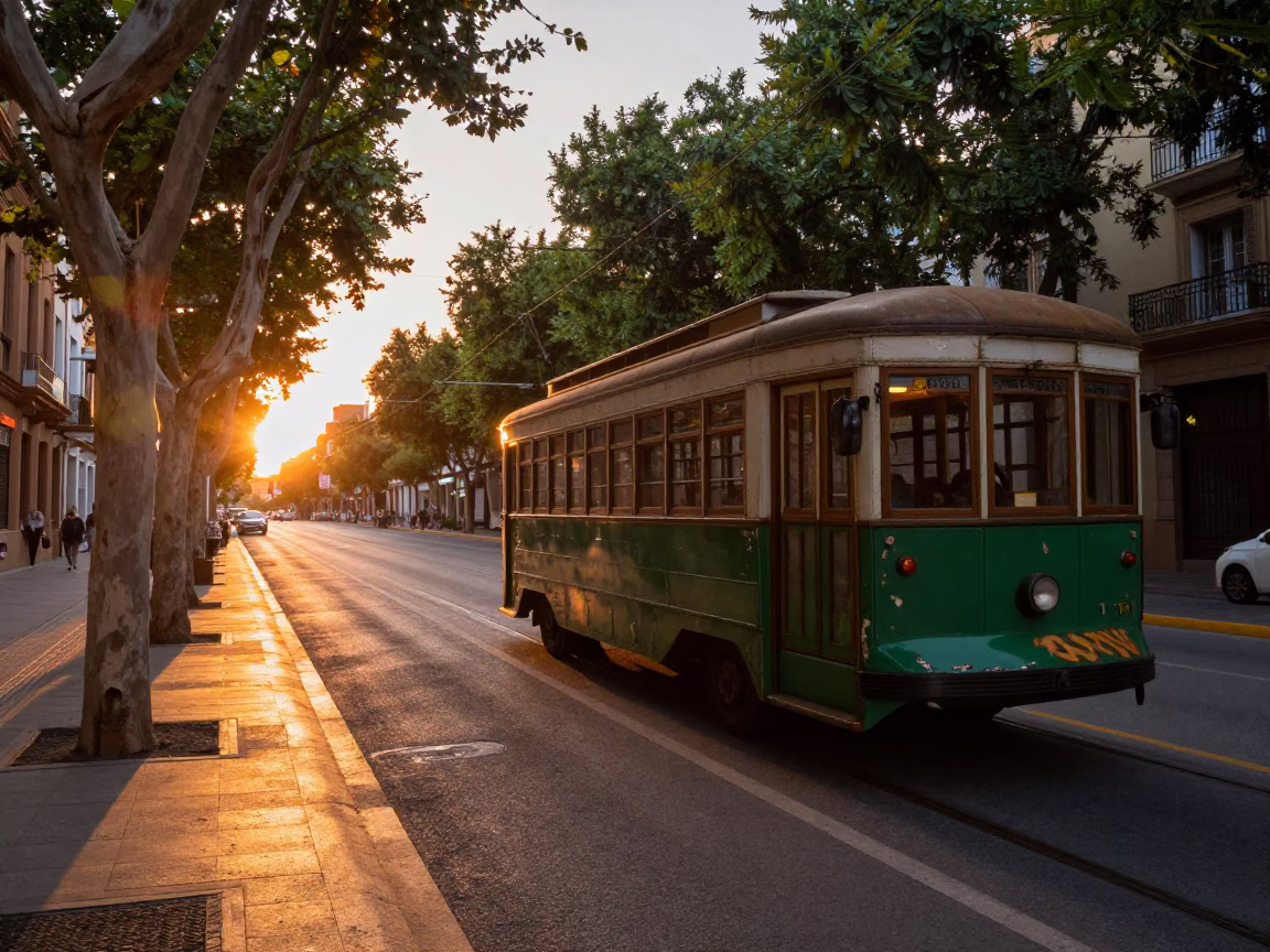 Sunset Light on Valencia's Tree-Lined Avenue with Vintage Green Trolley Car in in Valencia, Spain