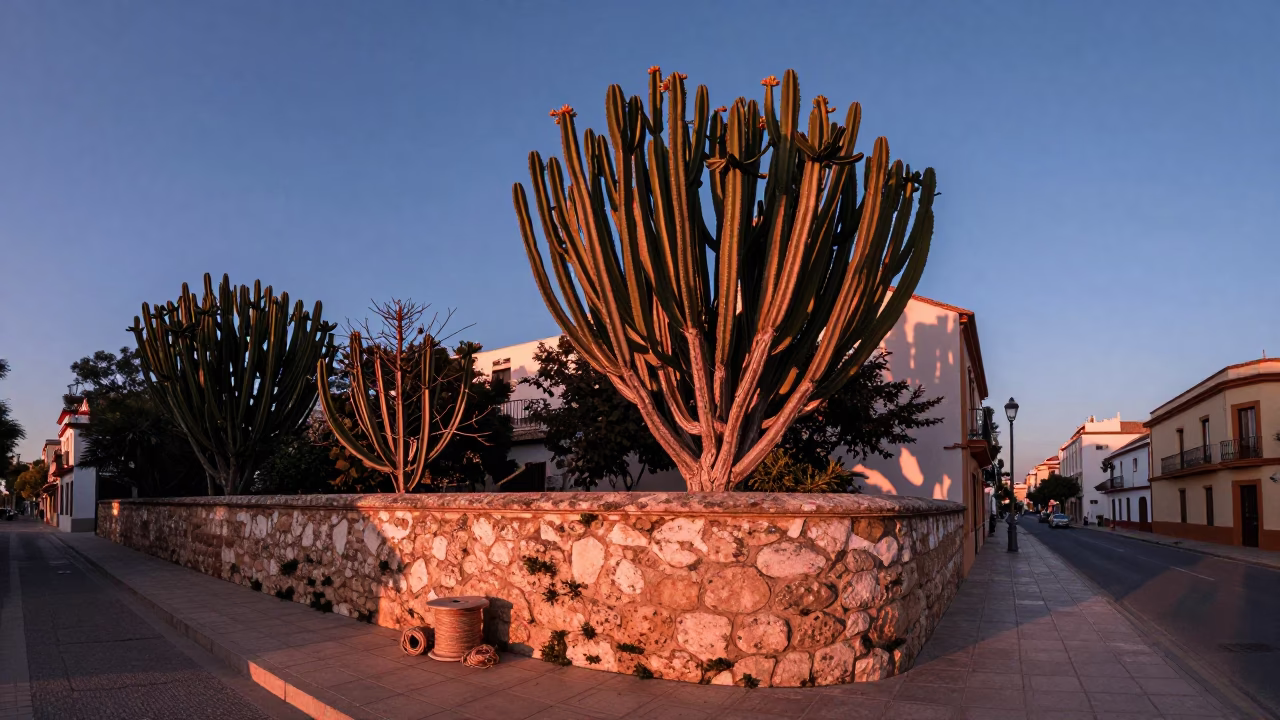 Sunset Light on Valencia Street Corner with Euphorbia Candelabra and Twine on Tile in in Valencia, Spain