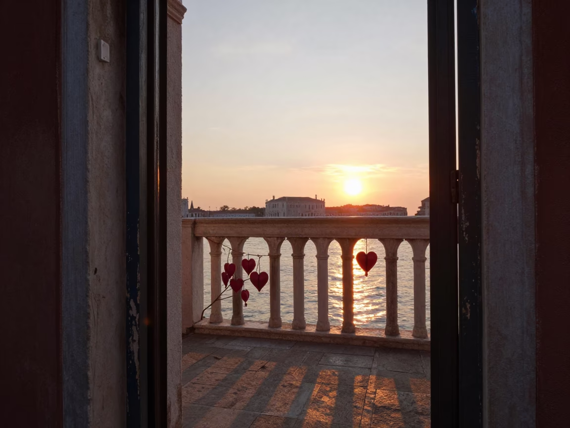 Sunset light on Venetian balcony with bleeding heart vine and traditional doorframe in in Venice, Italy