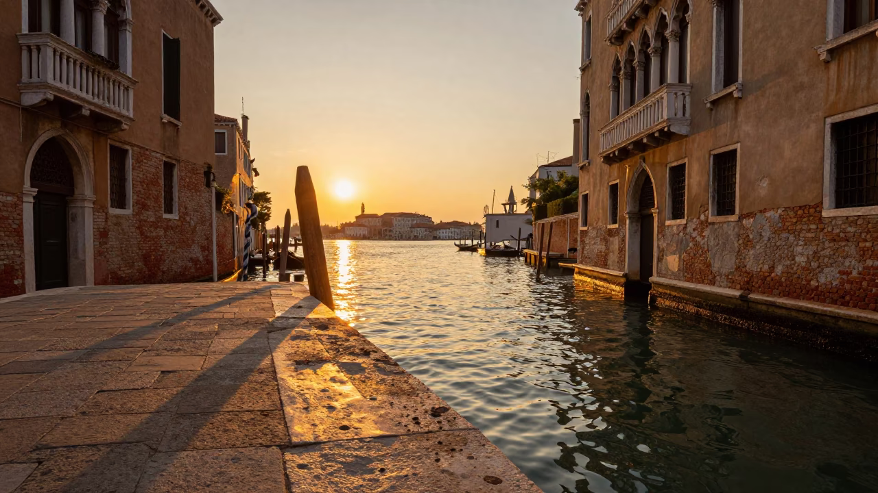 Sunset Light on Venetian Canal with Wicker Shadow on Pitcher Handle in in Venice, Italy