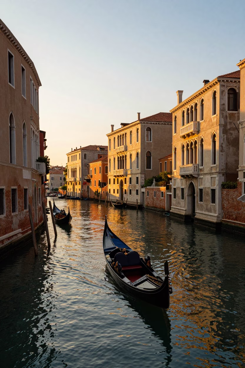 Sunset Light on Venice Canals with Gondola and Old Stone Bridge in in Venice, Italy