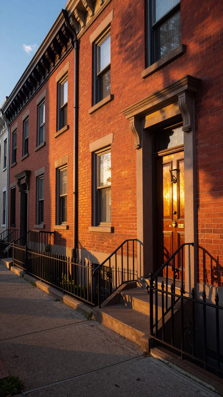 Sunset light on vintage brick row homes in Philadelphia Pennsylvania street scene in in Philadelphia, Pennsylvania, United States