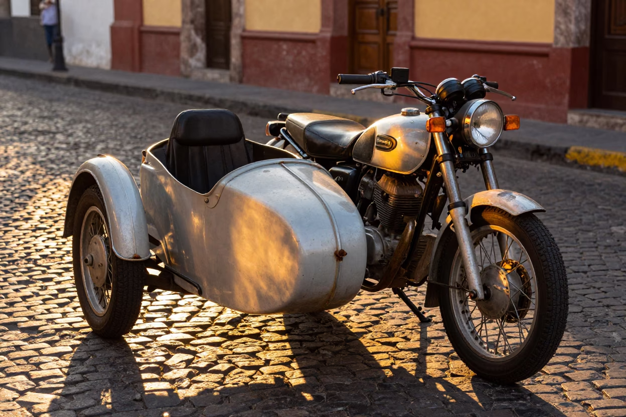 Sunset Light on Vintage Motorcycle in Mexico City in in Mexico City, Mexico