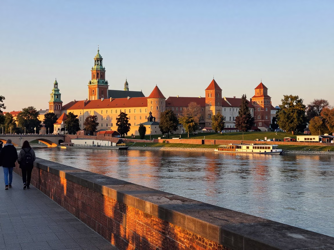 Sunset Light on Wawel Castle And Vistula River Bank in Krakow in in Krakow, Poland