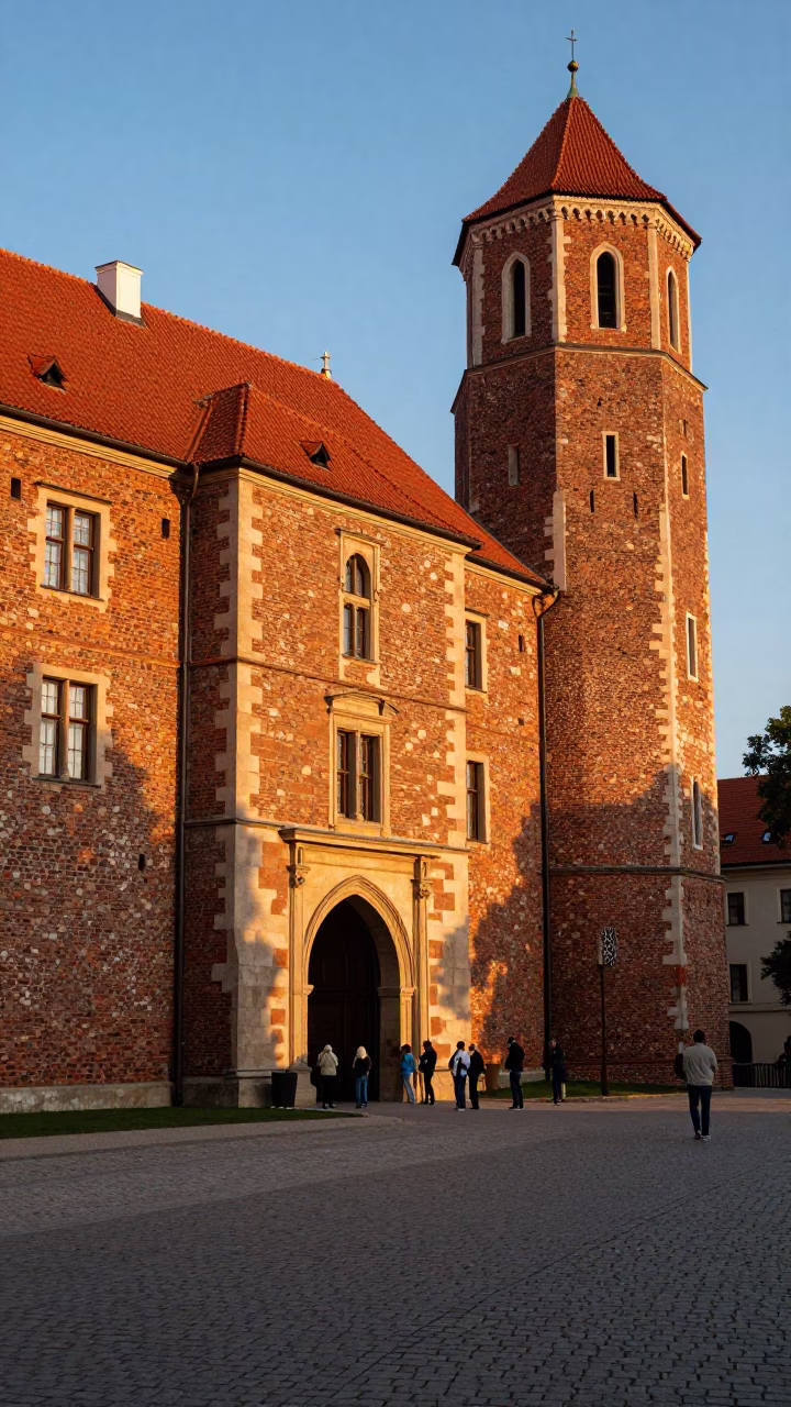 Sunset Light on Wawel Castle Stone Walls with Tourists in Krakow Poland in in Krakow, Poland