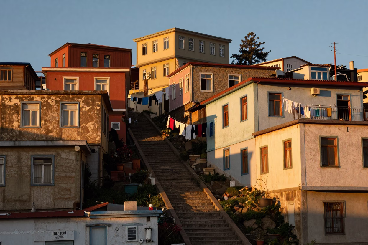 Sunset Light on Weathered Valparaiso Stairway with Hanging Laundry and Stone Steps in in Valparaiso, Chile