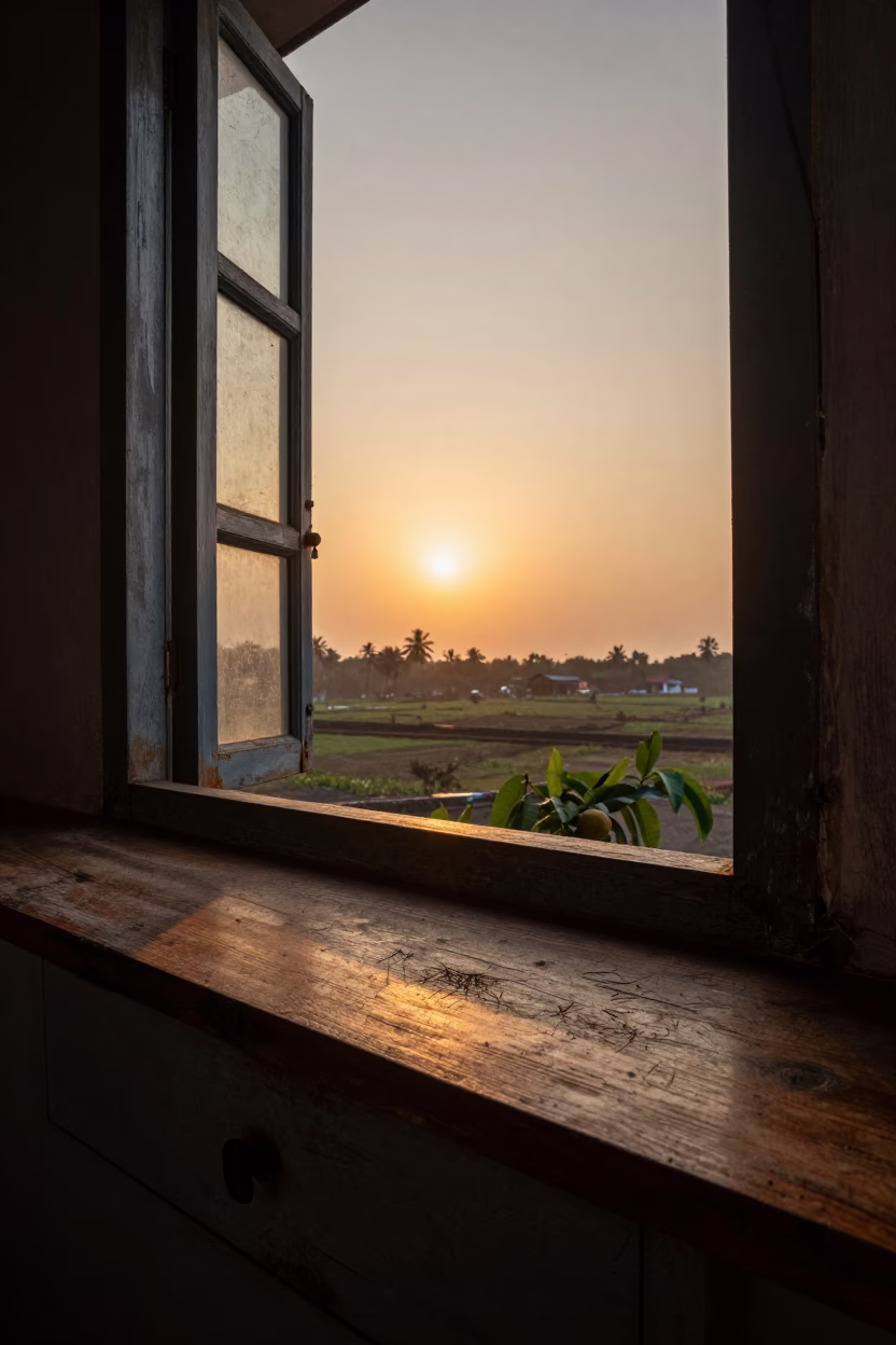 Sunset Light on Weathered Window Sill in Kochi India with Mango Lassi in in Kochi, India