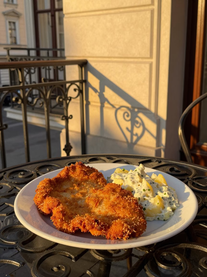 Sunset Light on Wiener Schnitzel And Potato Salad in Vienna in in Vienna, Austria