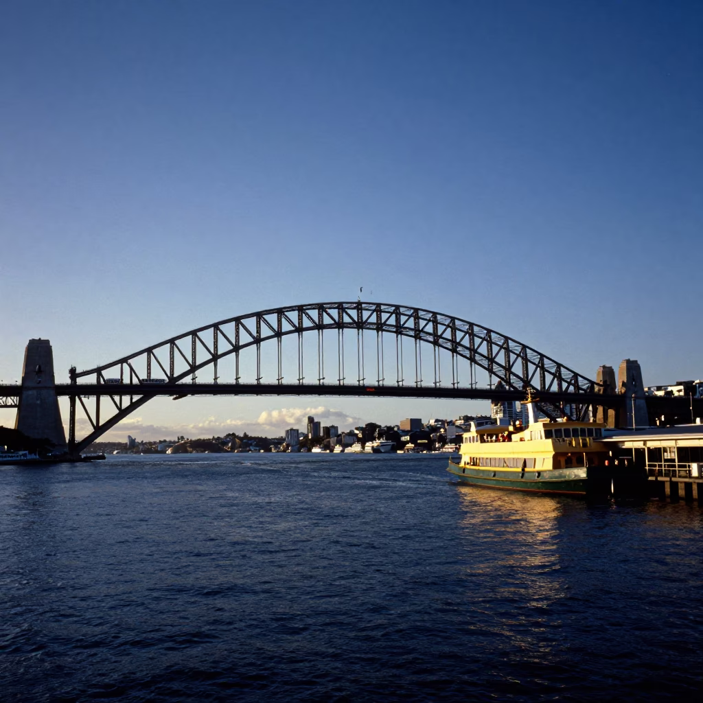 Sunset light over Auckland Harbour Bridge and ferry terminal with commuter train in in Auckland, New Zealand