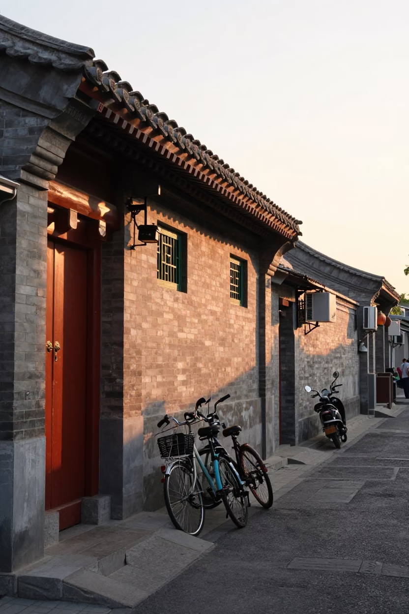 Sunset light over Beijing hutong alley with traditional architecture and bicycles in in Beijing, China