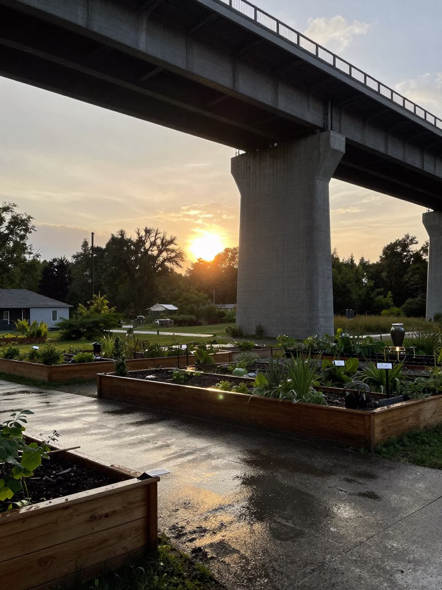 Sunset light over Montreal viaduct shadow across rain wet allotment gardens with urban details in in Montreal, Quebec, Canada