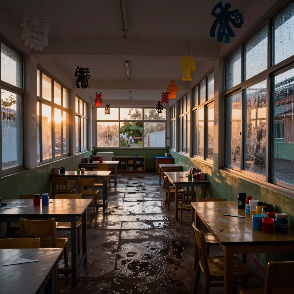 Sunset Light on Paper Cutouts in Puebla Art Room in in a school laboratory in Puebla