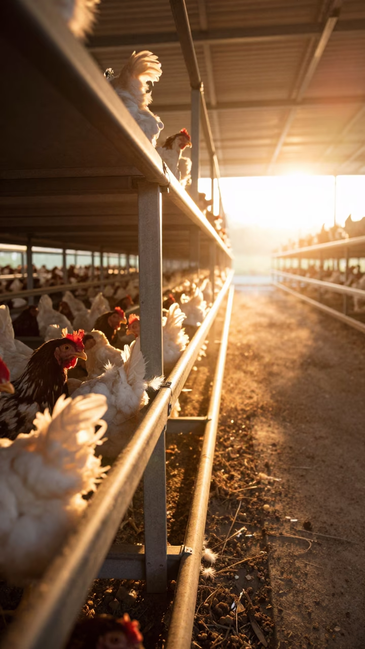 Sunset Light on Poultry Feed Lines in Andorra in inside a milking parlor in Andorra
