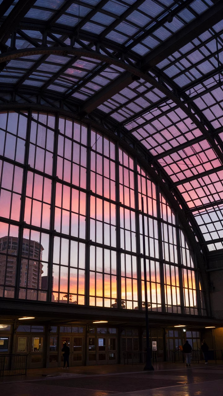 Sunset Light Reflecting on Glass Steel Train Station Arched Roof in San Diego California in in San Diego, California, United States