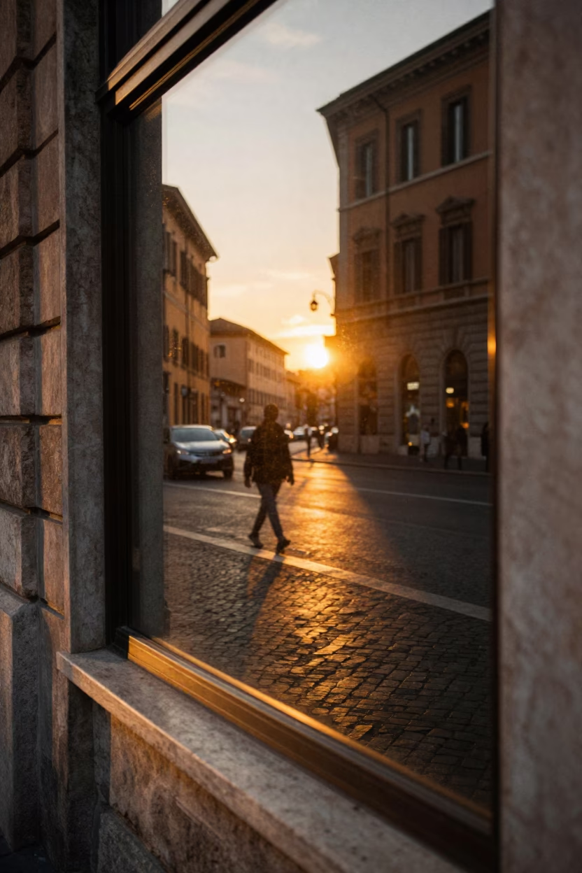 Sunset light reflecting on glass window in Rome Italy street scene in in Rome, Italy