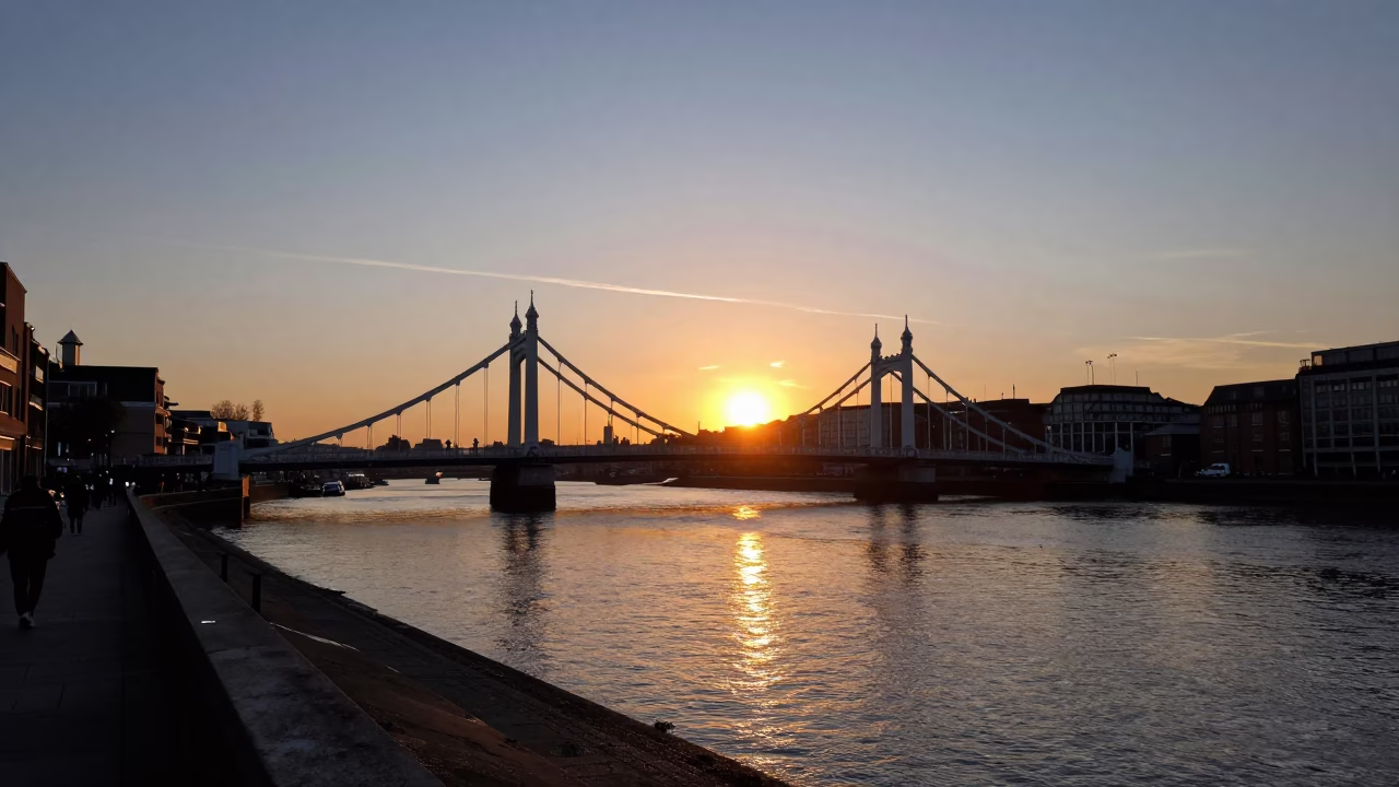 Sunset light reflecting on London basin water near drawbridge counterweight house in in London, United Kingdom