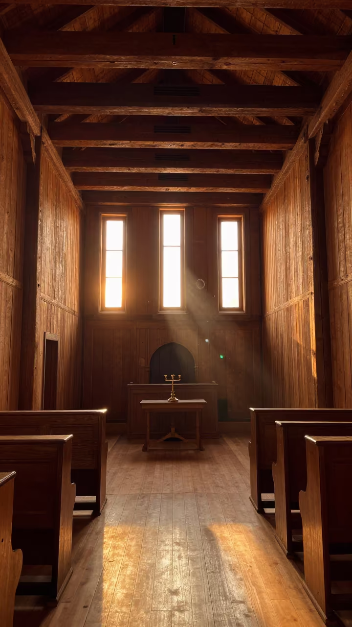 Sunset Light in Rural Polish Timber Synagogue Hall in inside a timber synagogue hall in Muridke