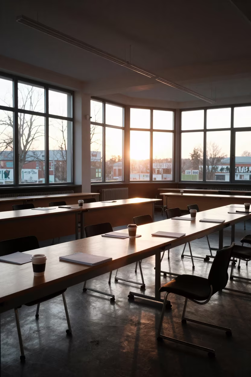 Sunset Light on Seminar Table Before Class in in a lecture hall before the crowd arrives in East Side Gallery, Berlin